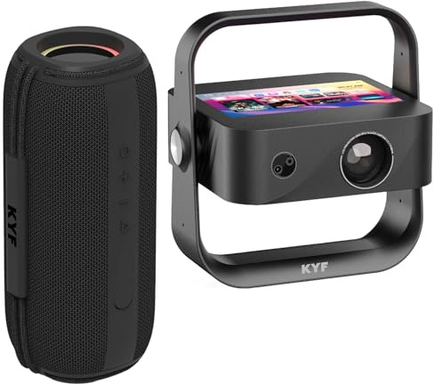 KYF Cinéma Portable 4K avec Vidéoprojecteur Ultra HD 8000 Lumens, Tablette Android 12 7 Pouces, Enceinte Bluetooth 60W, Système Audio Stéréo, Écran jusqu'à 250 Pouces, Wi-FI 6, Noir