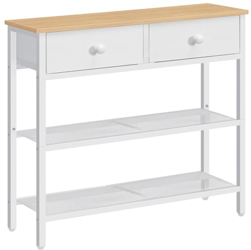 HOOBRO Mesa de Entrada de 75 cm de Largo, Mesa de Sofá de Estilo Industrial con Dos Cajones de Tejido no Textil, Consola con 3 Estantes, Dormitorio, Blanco y Color Madera Natural EWW72XG01G1