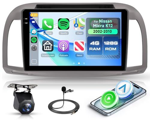 Rimoody 4G+128G Radio de Coche para Nissan Micra K12 2002-2010, 9 Pulgadas IN-Cell Carplay Wireless Android 15 con Android Auto FM/RDS/EQ Navegación GPS Mirror Link Bluetooth WiFi Cámara Trasera