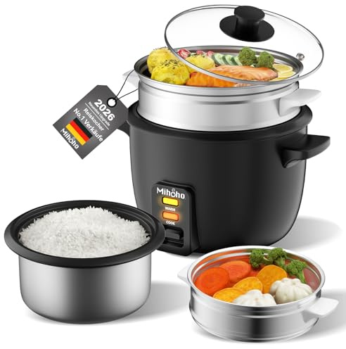 Cuociriso elettrico da 2 l, ciotola in acciaio inox con coperchio in vetro, funzione di mantenimento al caldo, funzione di cottura a vapore, con inserto per vapore, cucchiaio, misurino (nero F)