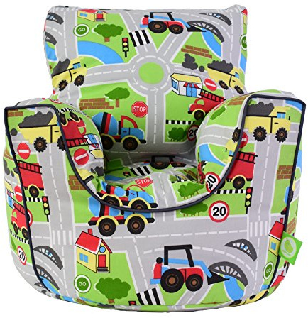 BeanLazy Kids Transport Bean Bag Chair - Road Map Design 100% Cotton Seat with Filling - Durable Toddler High-Back Armchair for Cars & Trucks Fans