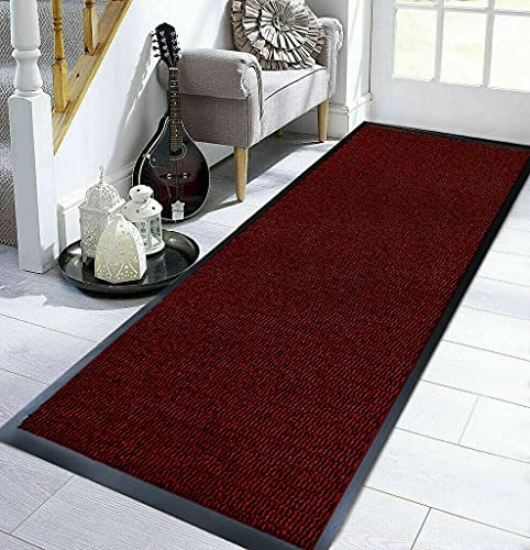 TrendMakers Medium WINE RED/BLACK Hardwearing Heavy Duty Black PVC Edge Pile Top Rubber Barrier Entrance Door Kitchen Utility Dust Floor Mats Rugs 60cm x 160cm