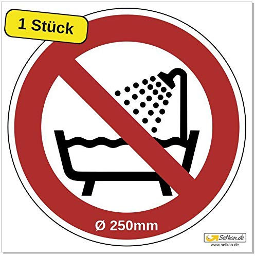 AufkleberBenutzung in Badewanne, Dusche, Becken verboten DIN ISO 7010, Premiumqualität Ø 250 mm (1 Stück)