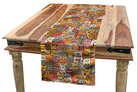 ABAKUHAUS Katze Tischläufer, Psychedelische Comic Mascots, Esszimmer Küche Rechteckiger Dekorativer Tischläufer, 40 x 225 cm, Grau Braun