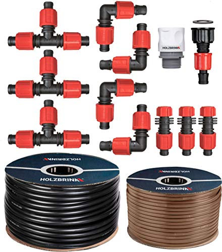 HOLZBRINK Bewässerungssystem Tropfbewässerung für Thuja Hecken, 15 m Tropfschlauch Profi 16 mm, 25 m Verlegerohr 16 mm, HTB-12-15P-25