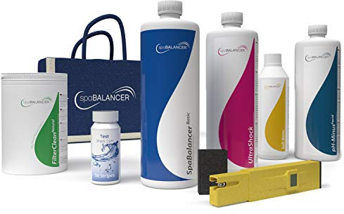 SpaBalancer Starterset Basic, UltraShock, Teststreifen, SoftWater, FilterClean Natural, pH-Minus Liquid, pH-Tester und Tasche