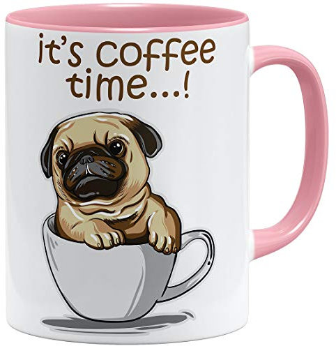 OM3® Pug It's Coffee Time Mops Tasse mit Hundemotiv | Keramik Becher | 11oz 325ml | Beidseitig Bedruckt | Rosa