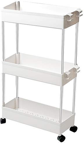 Carro de Cocina Estrecho Alto con Ruedas. Carrito Auxiliar Organizador verdulero. Almacenaje Vertical cajones de plástico. 3 Niveles, Blanco.
