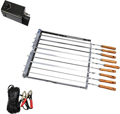 walexo Spießdreher 3-12V (regelbar), incl. 9 Edelstahlspieße mit Holzgriff