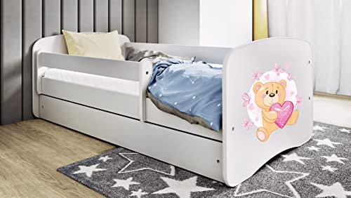 Bjird Kinderbett Jugendbett 70x140 Weiß mit Matratze Rausfallschutz Schublade und Lattenrost Kinderbetten für Mädchen und Junge - Teddybär mit Schmetterlingen 140 cm