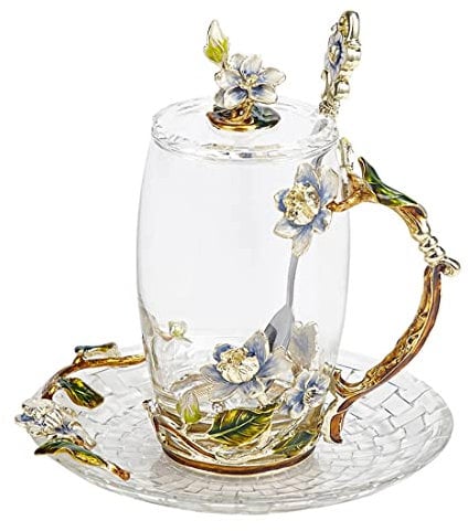 LANTREE Mother's Day Glass Coffee Mug Flower Teacup with Spoon Birthday for Women Friends Wedding (350ml Jasmine)