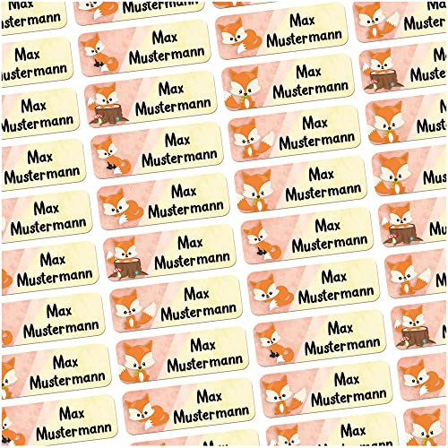 60 Stück personalisierte Namensaufkleber für Schulsache. Für Kinder Schule und Kindergarten zum Markieren von Gegenständen (Fuchs) Maße 4,8x1,6cm