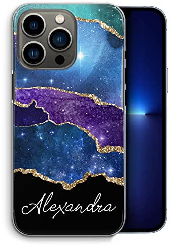 Personalised Personalised Case For Apple iPhones, 15, 14,13, 12, 11, Pro Max, Mini, XR, SE Custom Plastic Hard Phone Cover, Gold Colour Print Name Purple Blue Star Galaxy Phone Case, Initial