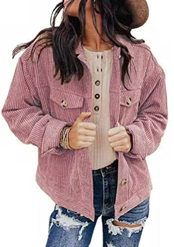 ORANDESIGNE Veste Femme Chic et Elegant Mi Saison Velours Côtelé Chemisie Vintage Leger Blouson Jacket Hiver Printemps Surchemise Cardigan Coat Manteau avec Poches Rose M