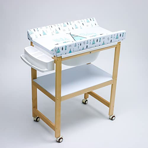 PLASTIMYR - Mueble Bañera Cambiador Bebe | Madera Sobrebidé Funcional con Ruedas | Colchoneta Blanca Tipys | Estantería PVC y Cestas Plástico | Incluye Manguera Desagüe, Sobrebidé Tgw Azu