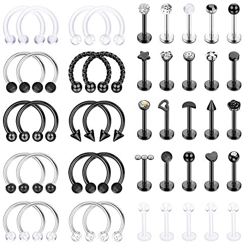 Kakonia 45stk 16G 𝐋𝐚𝐛𝐫𝐞𝐭 𝐏𝐢𝐞𝐫𝐜𝐢𝐧𝐠 Edelstahl Hufeisen Nase Septum Piercing Lippe Helix Rook Piercing Ashley Tragus Piercing Medusa Augenbraue Lippenpiercing für Damen Piercing Set Schwarz