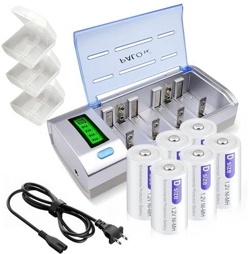 Palogreen 6 Pack D Rechargeble Batteries 1.2V 8000mAh NiMH with Universal LCD Battery Charger for AA AAA C D 9V NiMH NiCD Rechargeable Battery with Discharge Function (D 8000mAh 6-Pack with Charger)