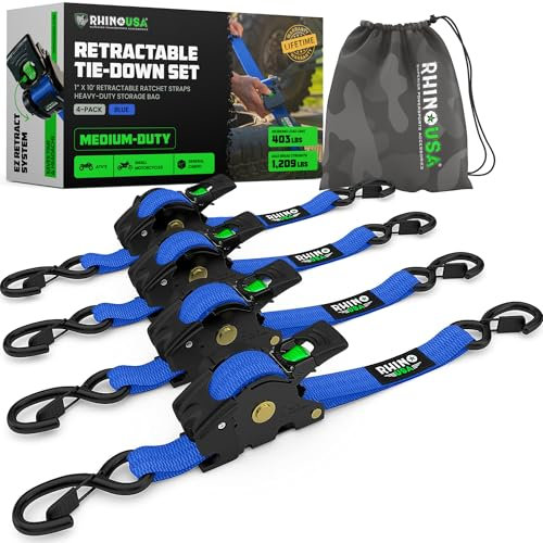 Fascette per cavi retrattili a cricchetto (confezione da 4): resistenza massima alla rottura di 540 kg, incluse (4) automatiche da 2.5 cm x 3 m con maniglie imbottite - Blu
