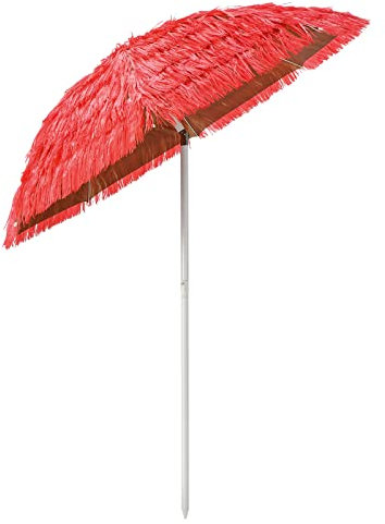 GOPLUS Parasol Paille de Plastique, 2M Parasol de Plage Réglable Pliant Exotique en Chaume de PP, Parasol Drapé pour Jardin/Terrasse/Balcon (Rouge)