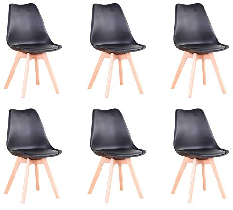 EGOONM 6er Set Esszimmerstühle, Skandinavisch, Retro-Design, Gepolstert, für Küche, Büro, mit Beinen aus Massivem Buchenholz (Schwarz)