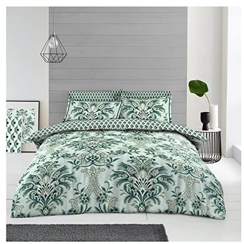 Lions Damask Green Bedding Set - 4 Piece Double Duvet Cover with Pillowcase and Fitted Sheet, Soft Reversible Quilt Covers, Reversible Poly Cotton(1 Duvet Cover, 2 Pillow Case, 1 Bed Sheet)
