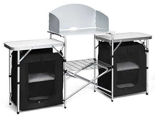 SPOTRAVEL Foldable Camping Table, Outdoor Grill Table with Storage Organizers, Windshield and Carrying Bag, Portable Kitchen Cook Station for BBQ, Party & Picnics