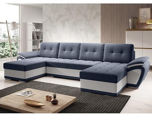 MODERNO Wohnlandschaft Sofa mit Schlaffunktion ENZO U - Sofa U-Form mit Bettkasten - Modern Ecksofa Schlafcouch - Steppsofa Zweifarbig - Dunkelblau-Weiß