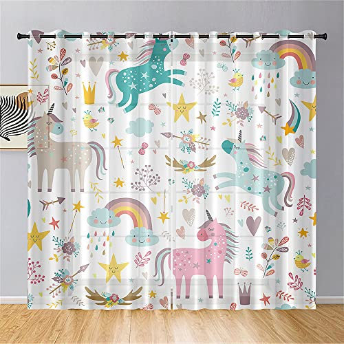 Hiseng Einhorn 3D Voile Vorhänge mit Ösen Durchsichtig Halbtransparent Ösenvorhang für Fenster Wohnzimmer Schlafzimmer Moderne Elegante Transparent Gardine 2er Set (80x115cm,Regenbogen)