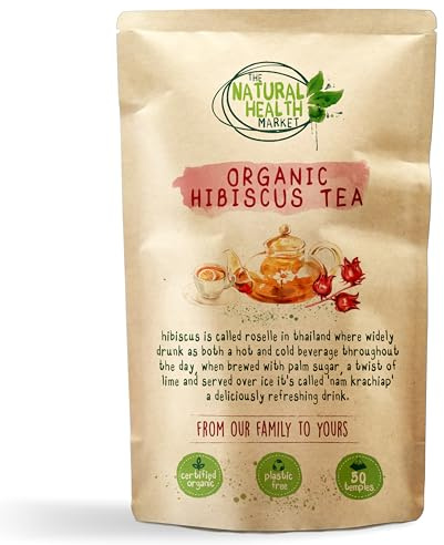 Organic Hibiscus Tea 50 bags - Plastic Free - by The Natural health Market • Roselle Tea Bags Produce a Vivid Red Tea • 100% Organic • Purple Hibiscus Plant (50 Temples)