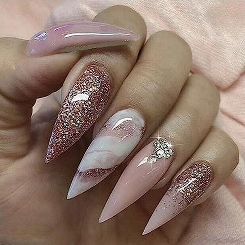 JUSTOTRY 24 Pcs Marble Stiletto Fake Nails Long,Rose French Press on Nails Patterns,Glitter Almond Stick on Nail for Women,Acrylic Extra Long False Nail for Nail Art