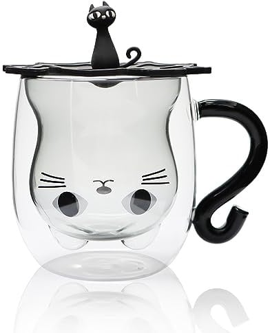 Iceten Cute Cat Mug, Double Walled Insulated Glass Cups with Lid Milk Cup Coffee Cup, Birthday Mother's Day Easter Halloween Christmas Valentine's Gifts for Women(250ml/8.4oz)