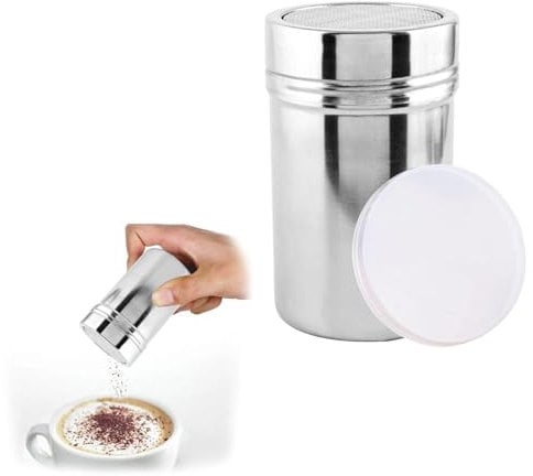 Flour Shaker,Stainless Container Sifter,Chocolate Shaker for Cappuccino,Coffee Powder Dispenser Icing Sugar Shakers with Fine Steel Mesh Sieve for Salt/Spice/Powdered/Pepper of Baking Seasoning Jars