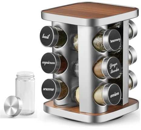 FRIBERG Rangement Epices Cuisine, Rangement Epices en Acier Inoxydable Avec 12 Pots À Épices de 100 Ml, Porte-Épices Rotatif À 360° Avec Entonnoir, Étiquette, Stylo et Brosse de Nettoyage