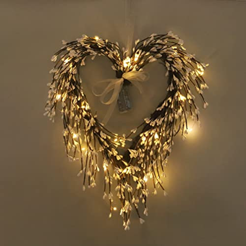 Valentine's Day Heart Wreath, Valentines Day Wreath with Light, Heart Shaped Wreath for Valentines Day Home Party Wedding Decoration (Heart shaped - white small mounted wall