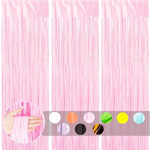 3pcs Tinsel Curtain Pastel Pink Foil Door Curtain Party Backdrop,3.2x6.5ft Foil Fringe Curtain Party Streamers Shimmer Curtain Backdrop Decorations for Girls Birthday Unicorn Mermaid Easter Party