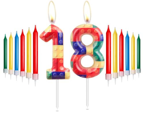 mciskin Bausteine Geburtstag Zahl 18 Kerzen, rot, gelb, grün, blau Kerzen für Kuchen, Partykerzen, Baustein-Themen-Geburtstagskuchenkerzen für Jungen Mädchen 18. Geburtstag Dekor