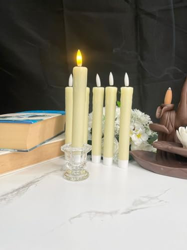 H Homedelight1234 Flickering Real Wax LED Taper Candle Set with Timer Remote, Battery Powered Included Flameless Candles for Decorative Lighting Pack of 6 Candles (Ivory)