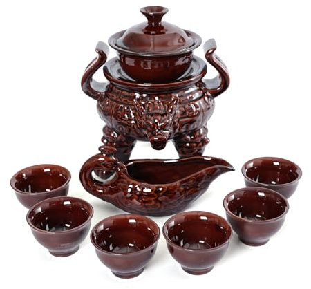 fanquare Semi Automatic Tea Set Tripod Imperial Red Chinese Lazy Kungfu Teapot Teacup 9pcs Porcelain Tea Service for Adults Men Gift