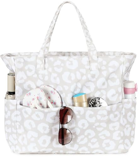 LEDAOU Große Strandtasche für Damen, wasserdicht, sanddicht, mit Reißverschluss, Strandtasche für Pool, Fitnessstudio, Lebensmittel, Reisen, mit Nassfach, Leoparden-Print, Large