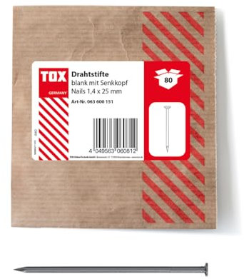 TOX 1,4x25 mm Drahtstifte Nails Senkkopf für einfache Holzverbindungen und Ebene Flächen, blanker Stahl, 80 STK. in Einer wiederverschließbaren und umweltschonenden Papierverpackung, 063600151, Silber