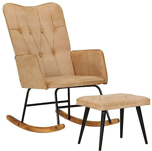 Willood Wilood Schaukelstuhl Sessel Relaxsessel Schaukelsessel Wohnzimmersessel mit Hocker Creme Vintage Canvas