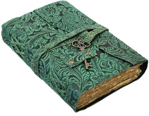 Leather Notebook, 200 Blank Pages - Handmade Bound Journals for Women and Men - For Travel Diary Writing, Daily Work, Sketchbook - Vintage Feel (8x6 Inch, A Green)