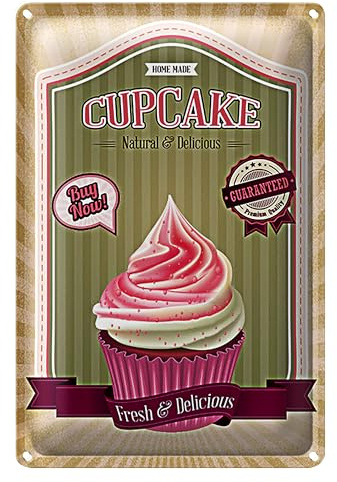 Vintage Cupcake Blechschild | Home Made, Natural & Delicious | Ideal für Küche und Cafés | 20 cm x 30 cm