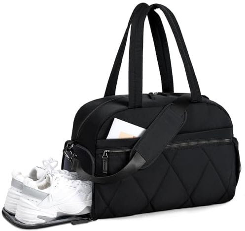 Lekespring Reisetasche Damen, Leicht Puffer Sporttasche mit Schuhfach Weekender Handgepäck Gym Bag Kliniktasche Geburt Krankenhaustasche, Travel Bag für Flugzeug Reise, Fitness, Sauna (Schwarz)