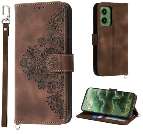 Auslbin Hülle für Motorola Moto G35 5G 6.72 Blumen Tasche, 5 Kartenfächer Handyhülle für Motorola Moto G35 Vintage-Stil PU-Leder Flip Schutzhülle, Braun
