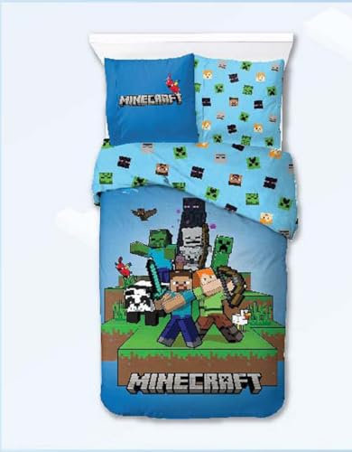 KK SHOPPING Versandhandel Klaus Kolodzie Minecraft Bettwäsche-Set 135x200 cm, 80x80 cm Blau und Grün, für Jungen