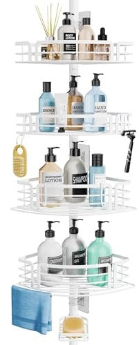 SWTYMIKI Telescopic Shower Caddy - Rustproof Shower Corner Shelves with Towel Bar & Soap Holder, Adjustable No Drilling Organizer for Bathroom Storage With 4 Baskets,27.6-108.3 inch, White