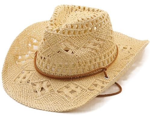 Straw Hat, Straw Cowboy Hat Vintage Western Cowgirl Woven Breathable with Chin Strap Wide Brim Sun Resistant Sun for Seaside Beach Garden, Beige