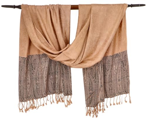 GURU SHOP Weicher Viskose Schal, Stola mit Paisley, indisches Schultertuch, kamelbraun