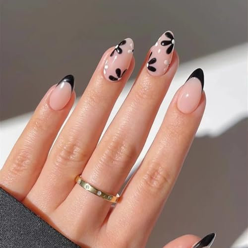 SXVME Black French Tip False Nails Almond Shape French Press on Nails with Floral Designs Natural Nude Artificial Fake Nails Medium Length Gel Stick on Nail for Women Office Summer Wear, 24Pcs